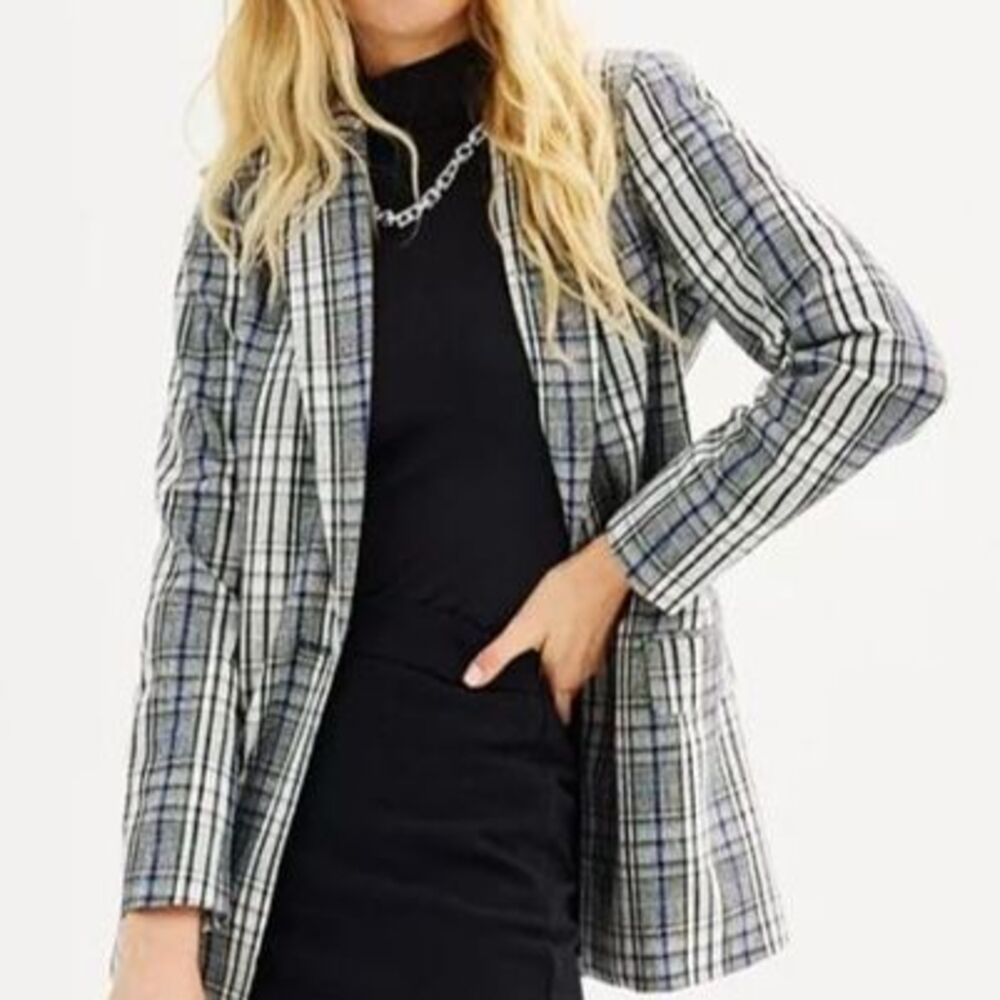 Nine West Long Line Urban Academia Plaid Multicolor Poly Wool Blend Blazer SZ XL